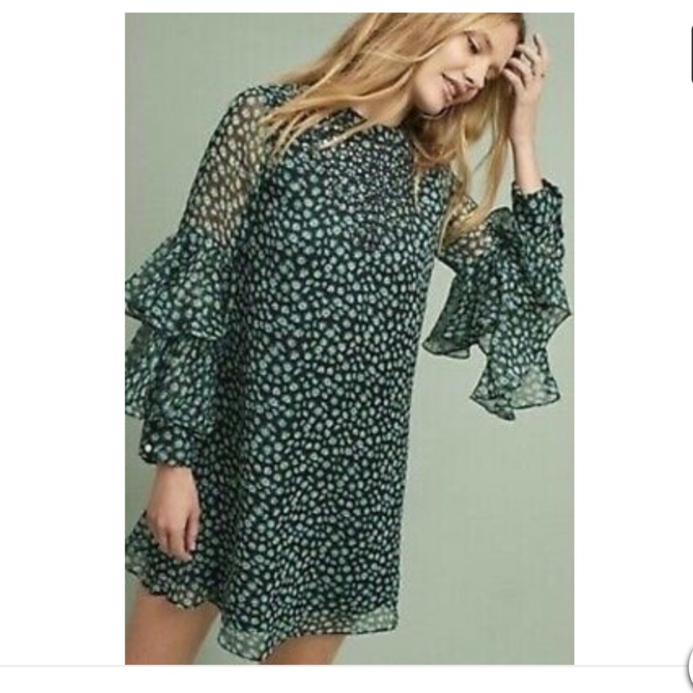 Ranna Gill Green and Black Floral Mirror Dress. Anthropology. Medium.